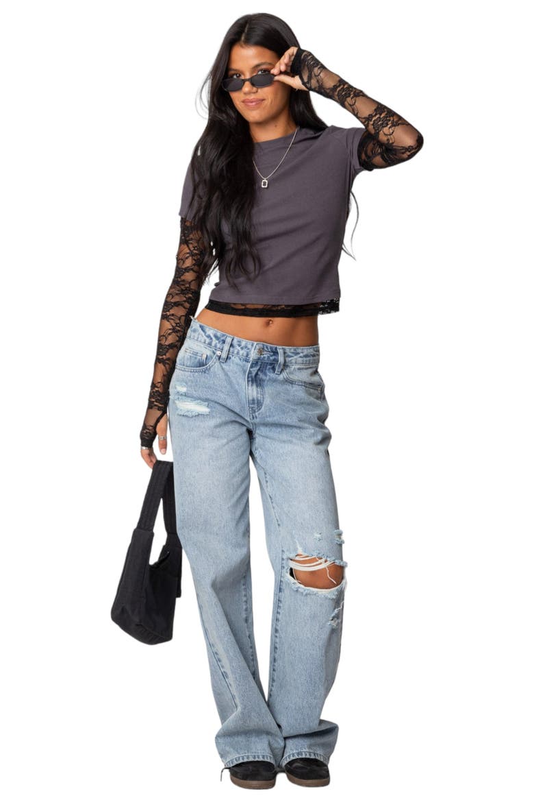 Layered Lace Long Sleeve T-Shirt, Alternate, color, GRAY
