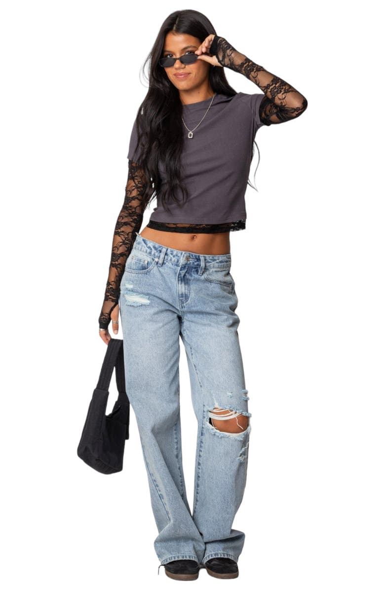 EDIKTED Layered Lace Long Sleeve T-Shirt, Alternate, color, Gray