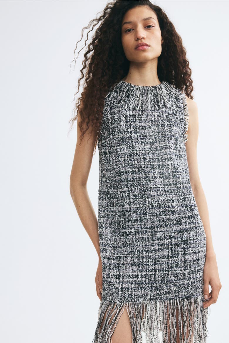 Fringed Bouclé-Weave Dress, Alternate, color, Black/white melange