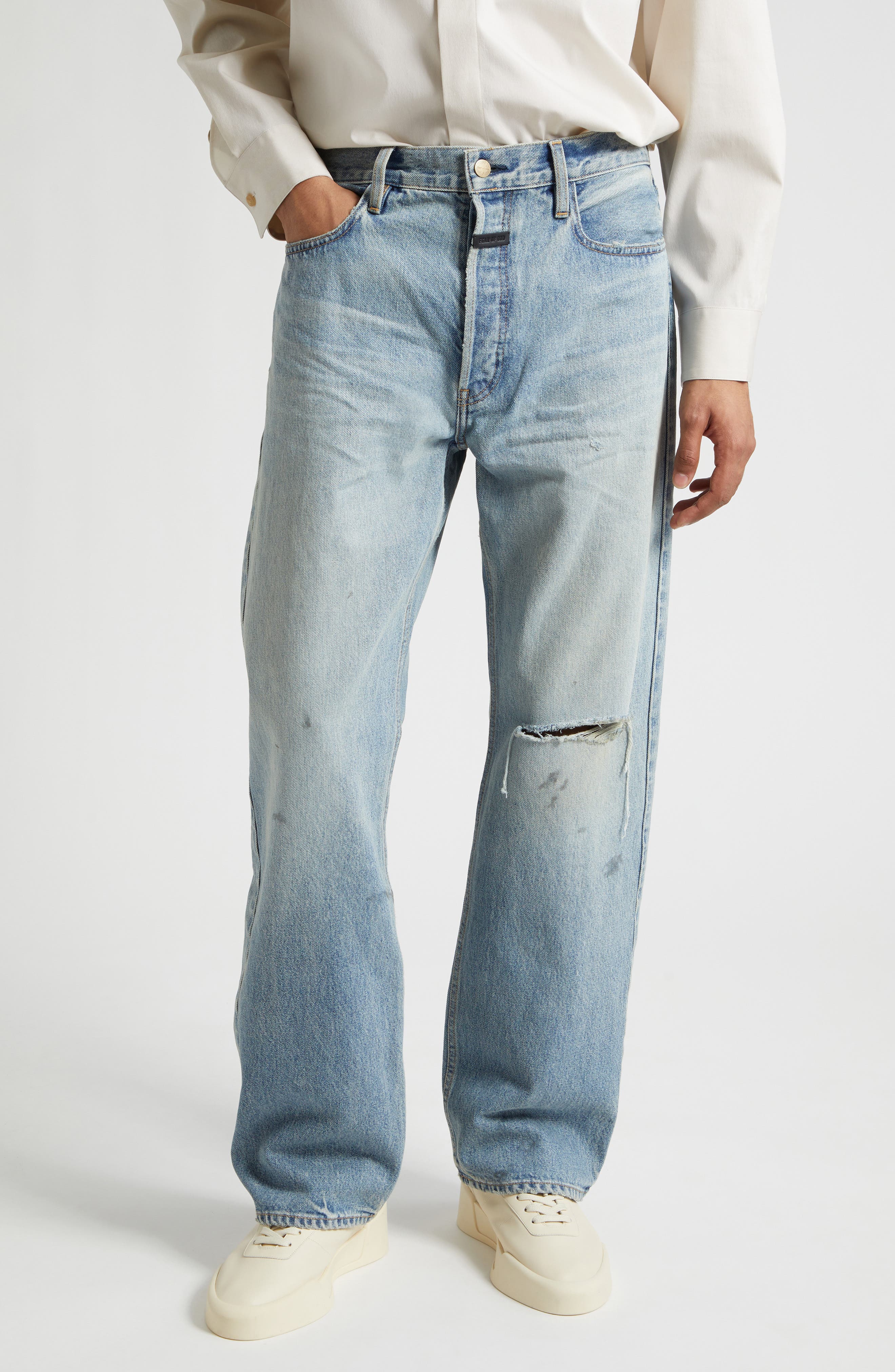 Fear of God Ripped Knee Five-Pocket Straight Leg Jeans (Men