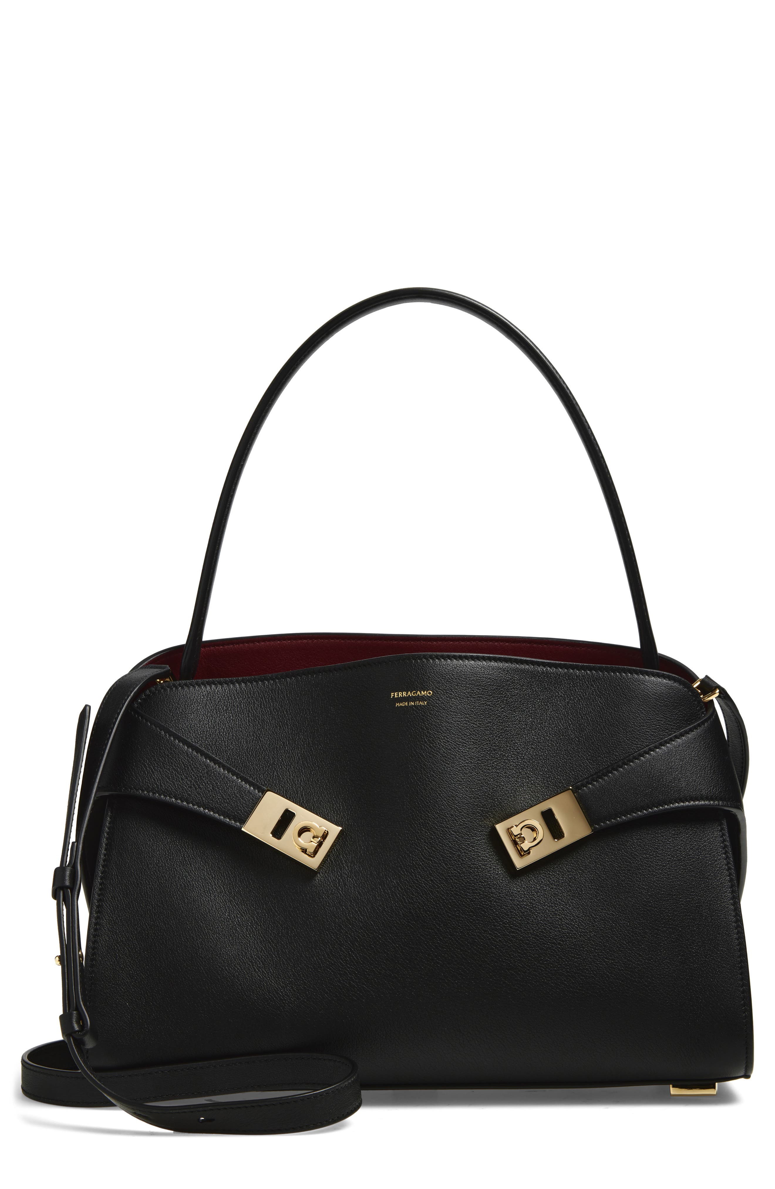 FERRAGAMO Small Hug Leather Shoulder Bag, Main, color, Nero/ Borgogna