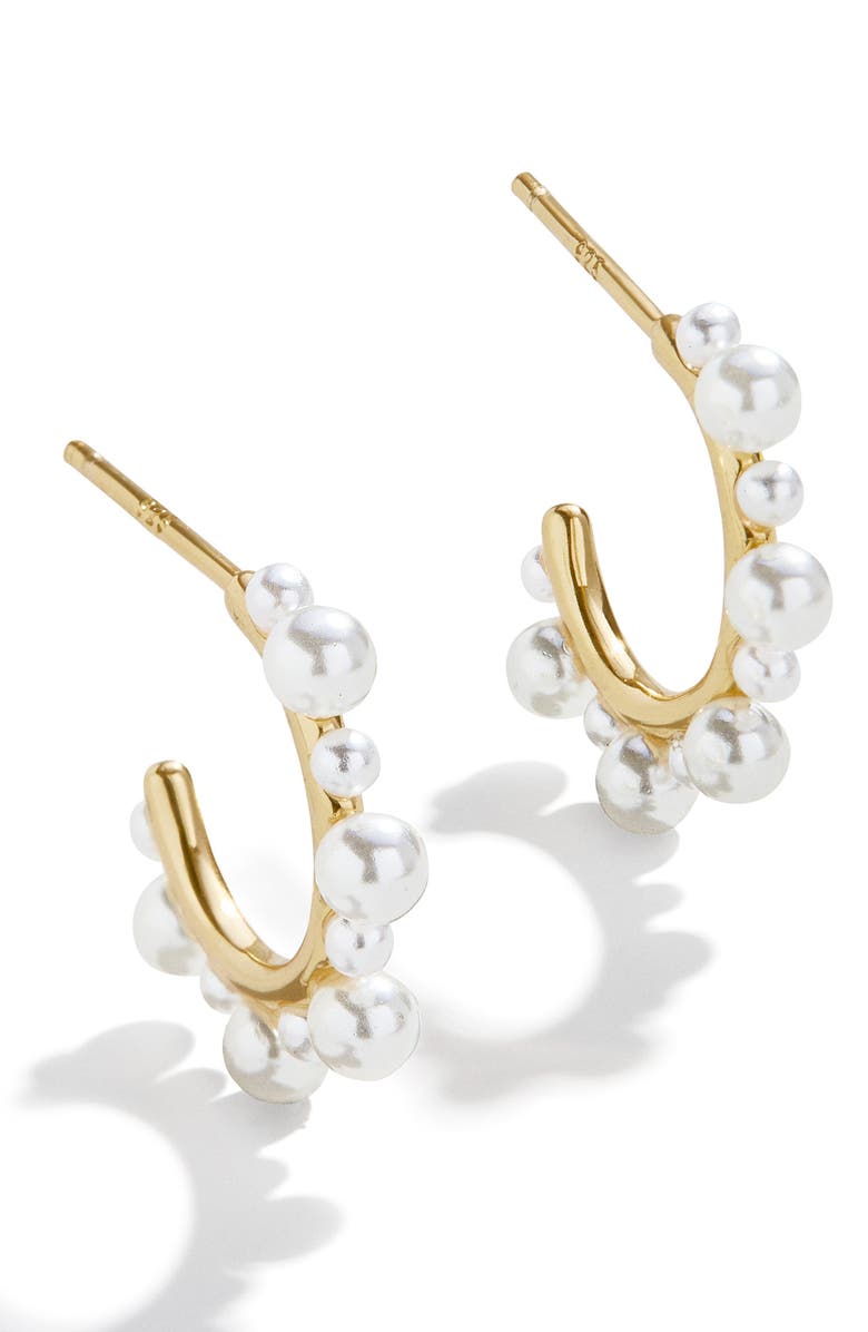 BaubleBar Serena 18K Gold Plated Imitation Pearl Hoop Earrings, Main, color,