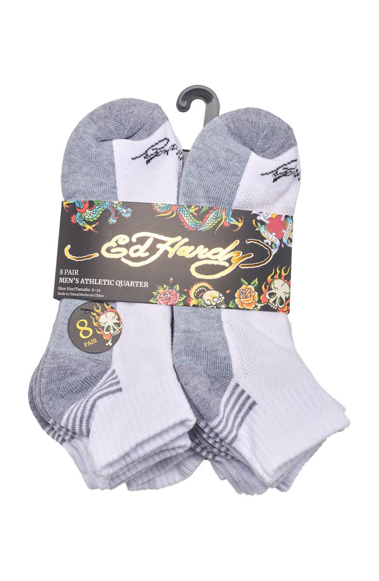 Ed Hardy Athletic Half Cushion Quarter Sock 8-Pack, Alternate, color, White