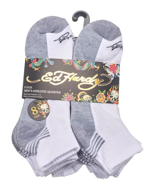 Ed Hardy Athletic Half Cushion Quarter Sock 8-pack In White