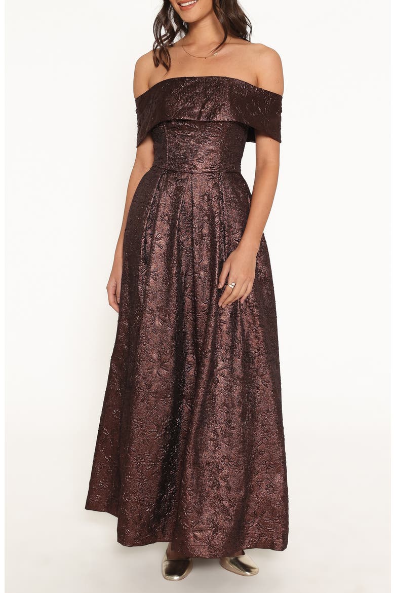 Aberdine Off the Shoulder Maxi Dress, Main, color, BROWN BROCADE