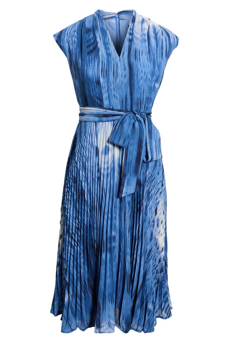 Printed Plissé Tie Waist Midi Dress, Alternate, color, BLUE MULTI