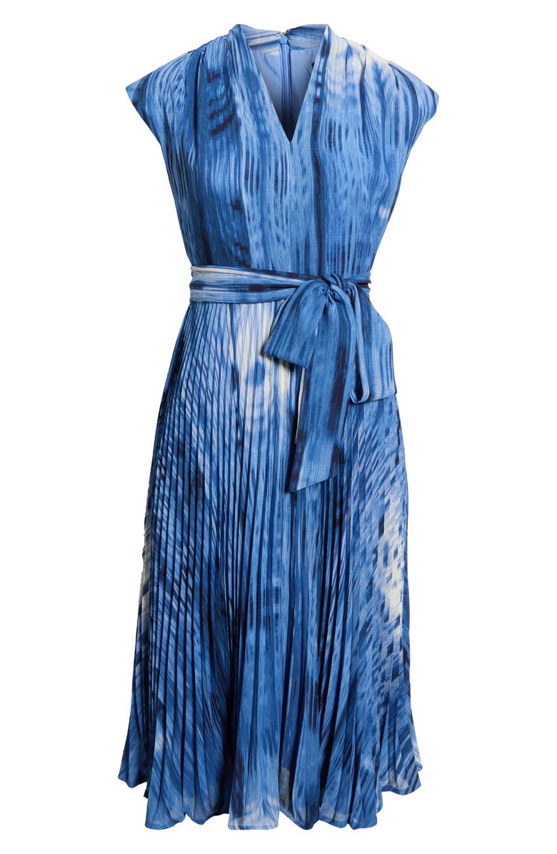 Tahari ASL Printed Plissé Tie Waist Midi Dress, Main, color, Blue Multi