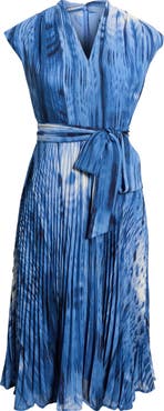 Tahari ASL Printed Plissé Tie Waist Midi Dress