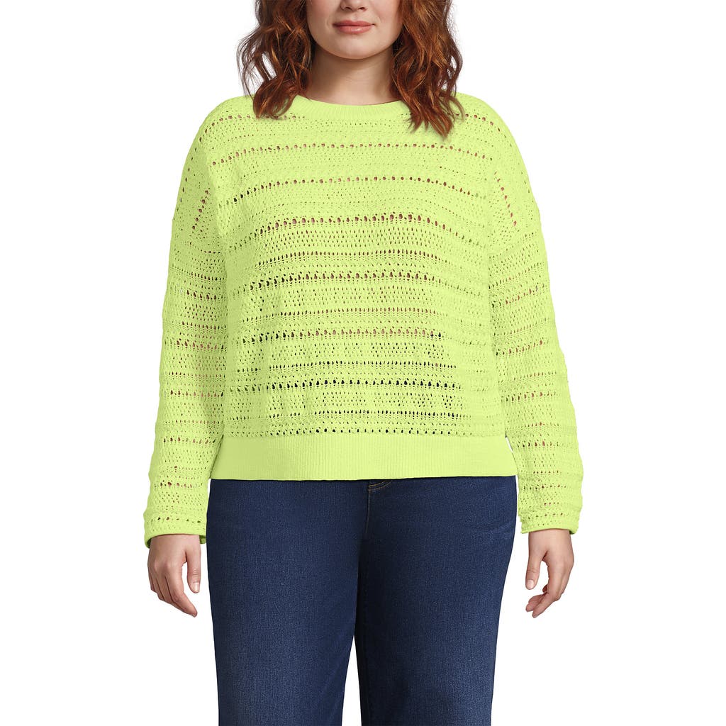 Lands' End Cotton Blend Pointelle Crew Neck Sweater In Green