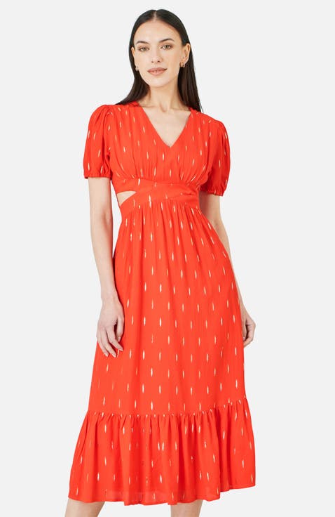Foil Print Viscose Cut Out Midi Dress