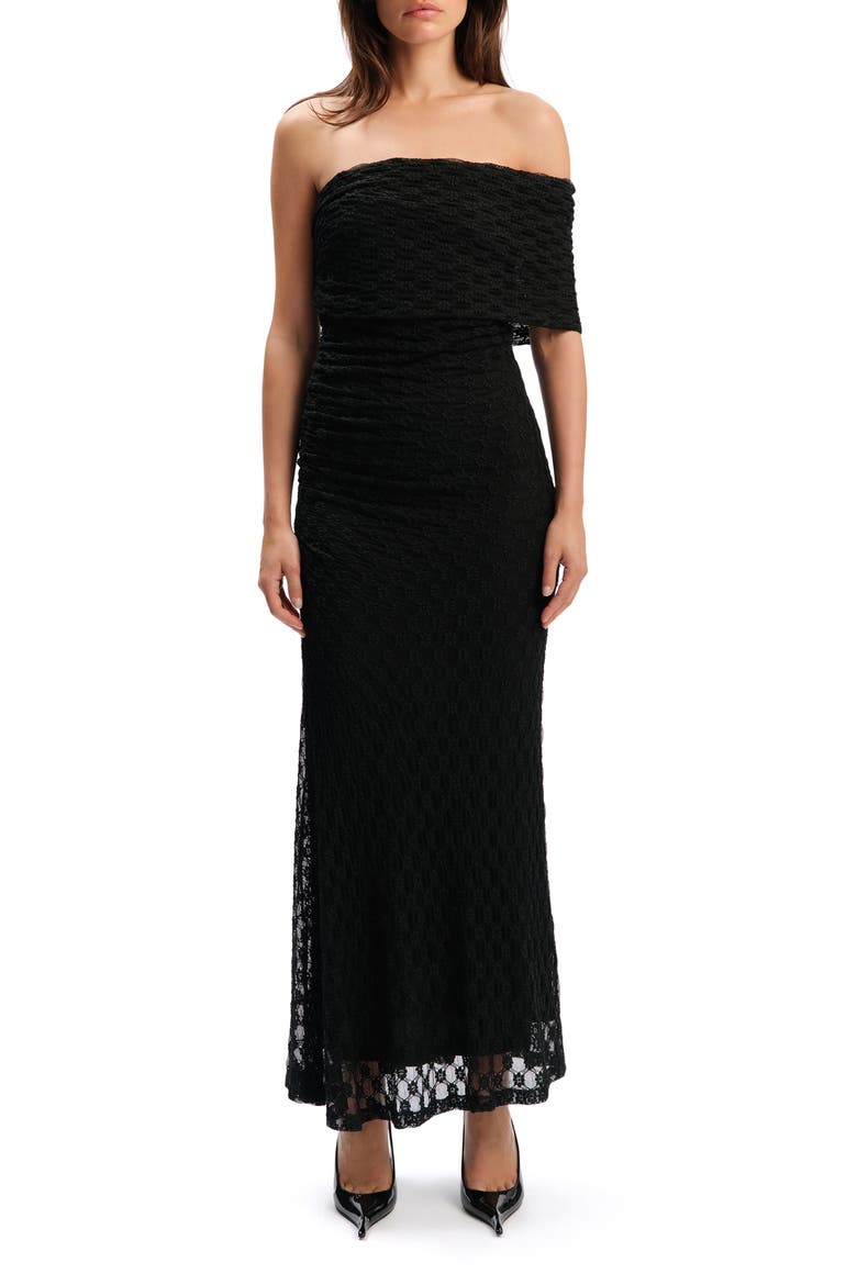 Calia Lace Velour Off the Shoulder Maxi Dress, Main, color, BLACK