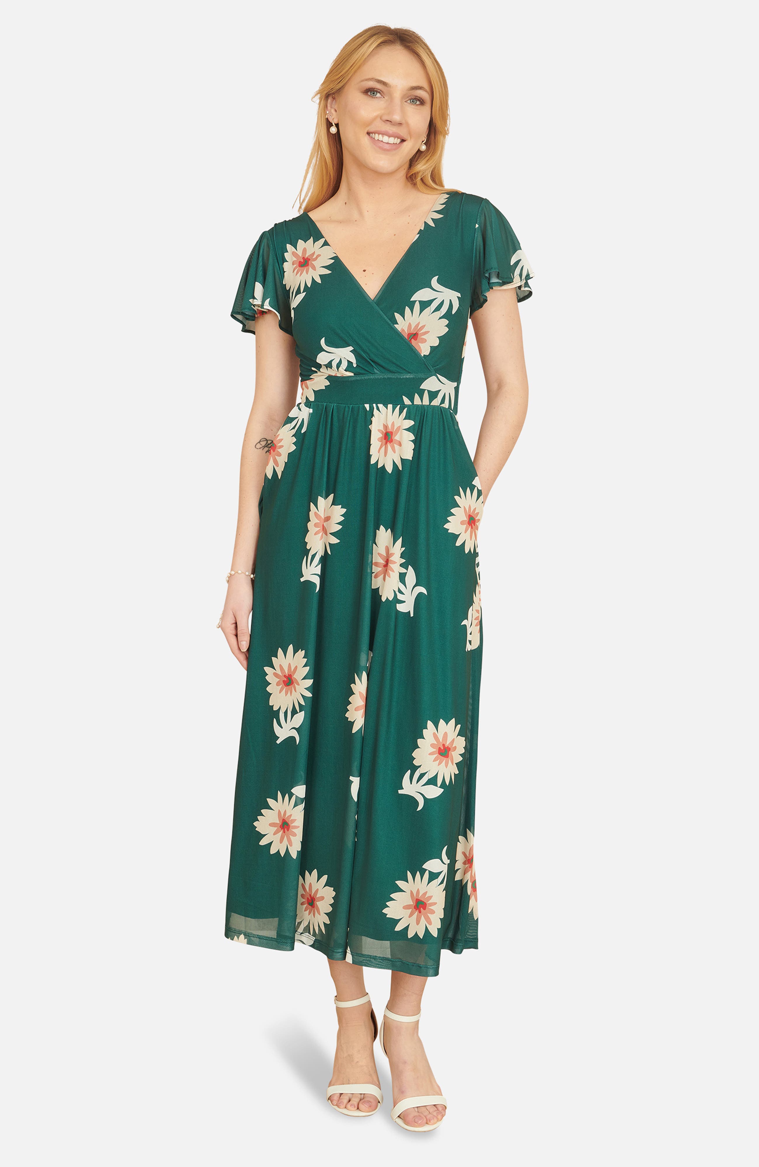 Mesh Flower With Pockets Wrap Midi Dress