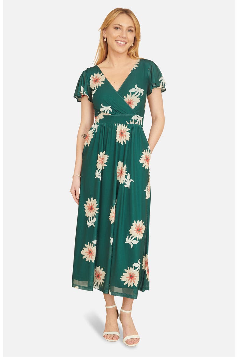 Mesh Flower With Pockets Wrap Midi Dress, Main, color, Green