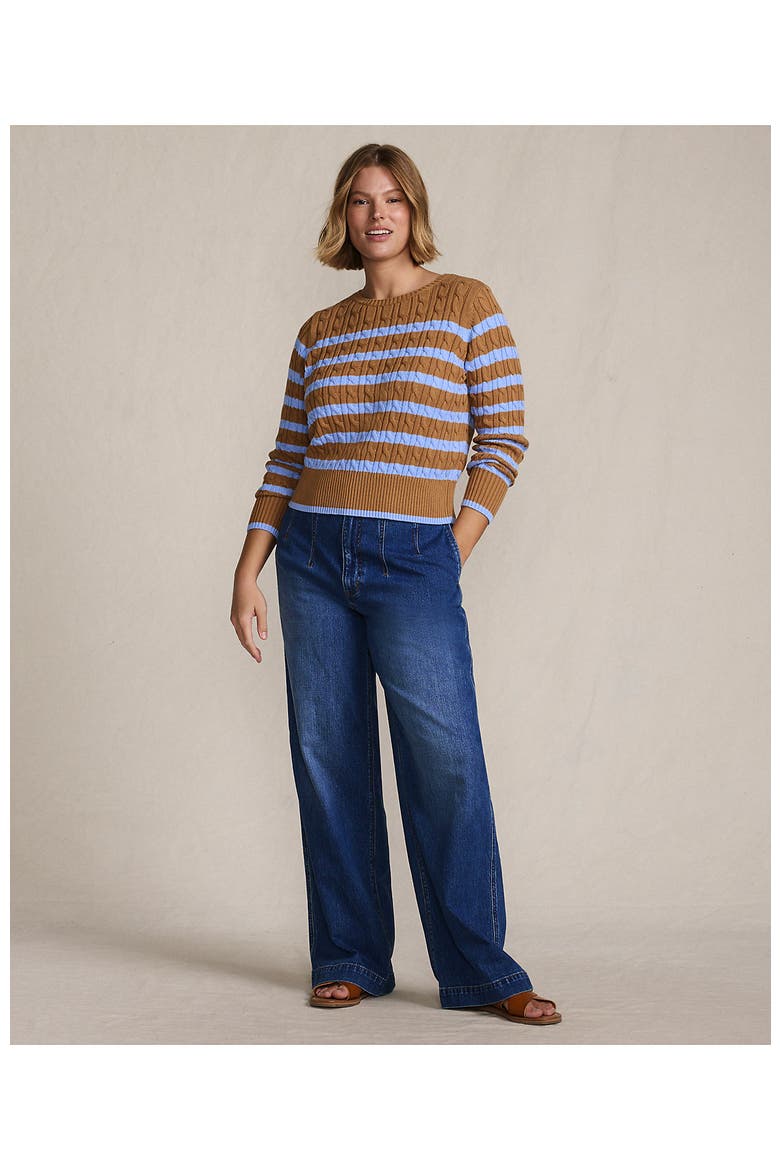 Plus Size Drifter Modern Cable Crew Sweater, Alternate, color, Canyon Camel/Blue Stripe
