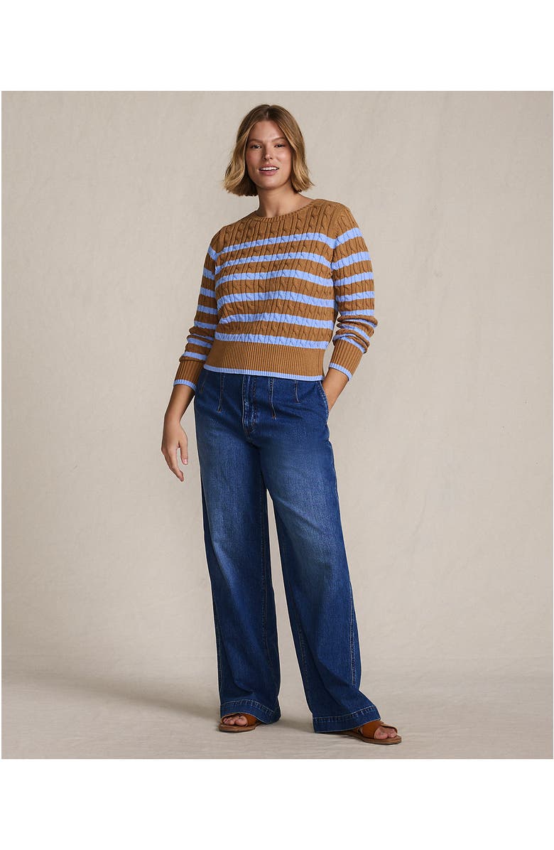 Lands' End Drifter Modern Cable Crew Sweater, Alternate, color, Canyon Camel/Blue Stripe