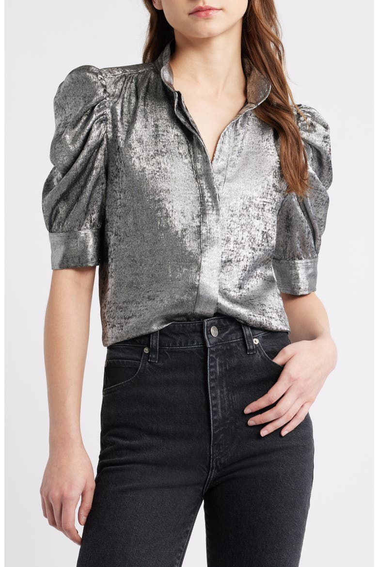 The Gillian Shiny Puff Sleeve Button-Up Shirt, Main, color, GUNMETAL