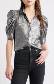 FRAME The Gillian Shiny Puff Sleeve Button-Up Shirt
