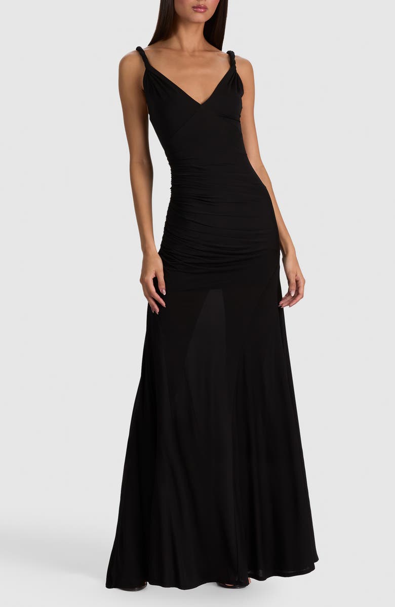 Alice + Olivia Bianca Twist Strap Ruched Sleeveless Maxi Dress, Main, color, Black