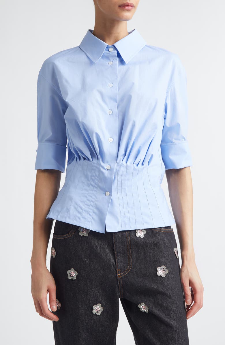 Marni Pintuck Peplum Poplin Button-Up Shirt, Main, color, Iris Blue