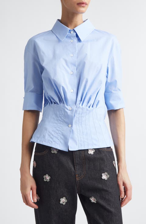 Pintuck Peplum Poplin Button-Up Shirt