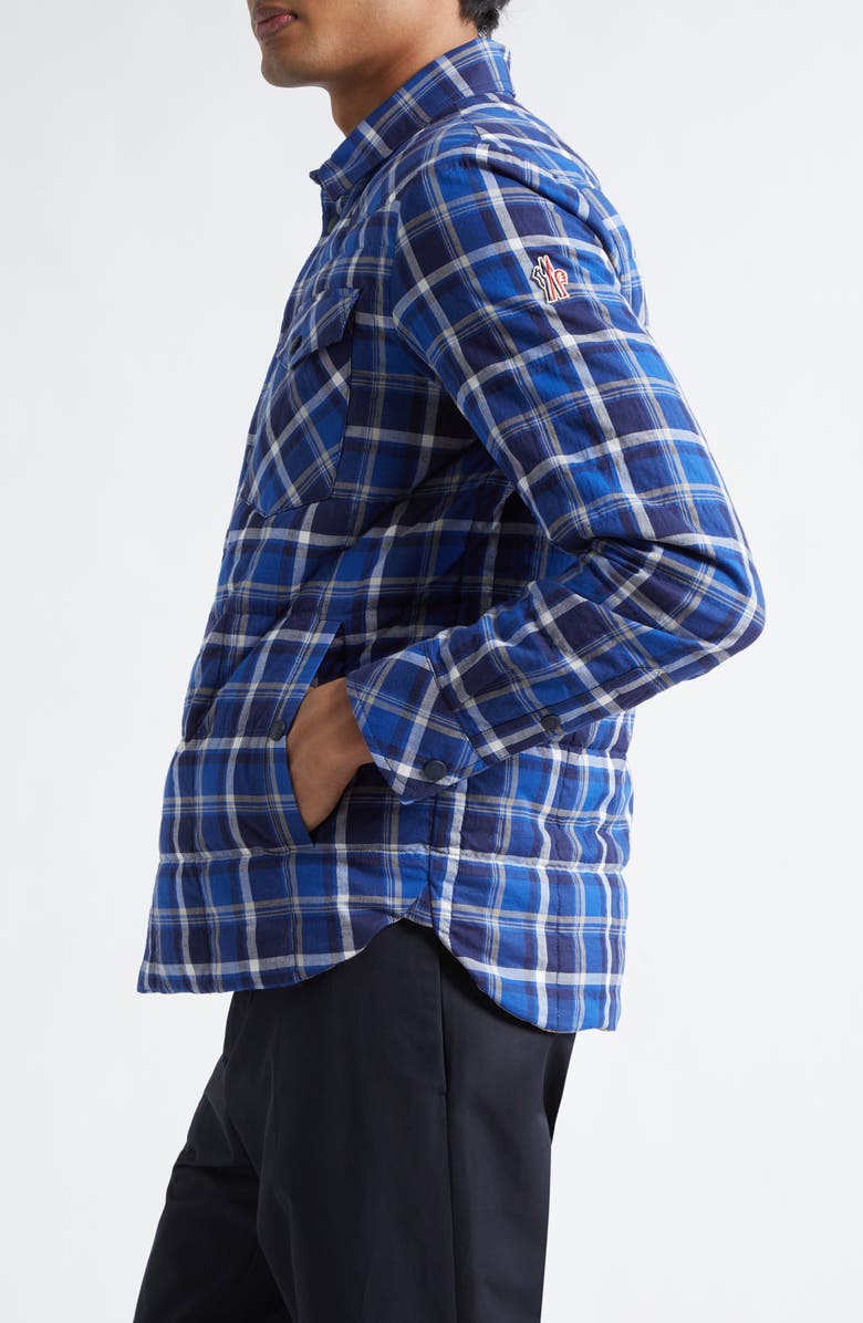 Moncler Grenoble Gelt Plaid Stretch Cotton Puffer Down Shirt Jacket, Alternate, color, Navy Check