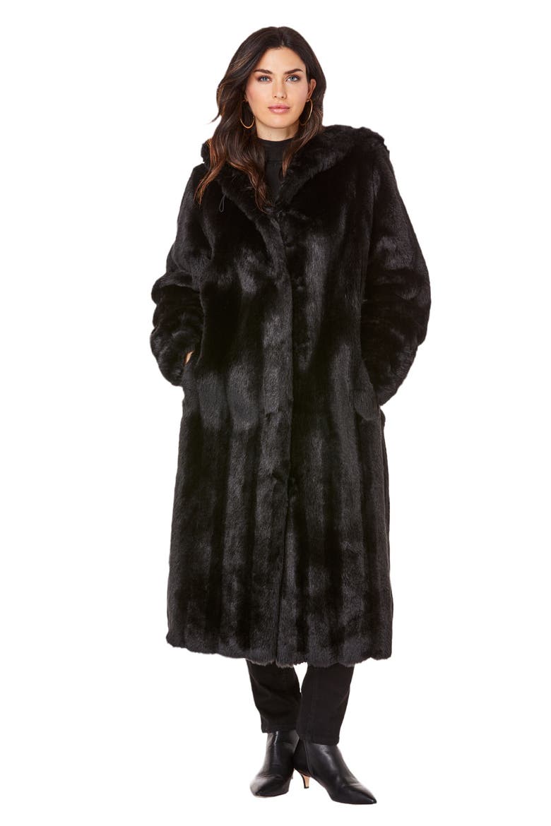 Plus Size Hooded Faux Fur Coat, Main, color, BLACK