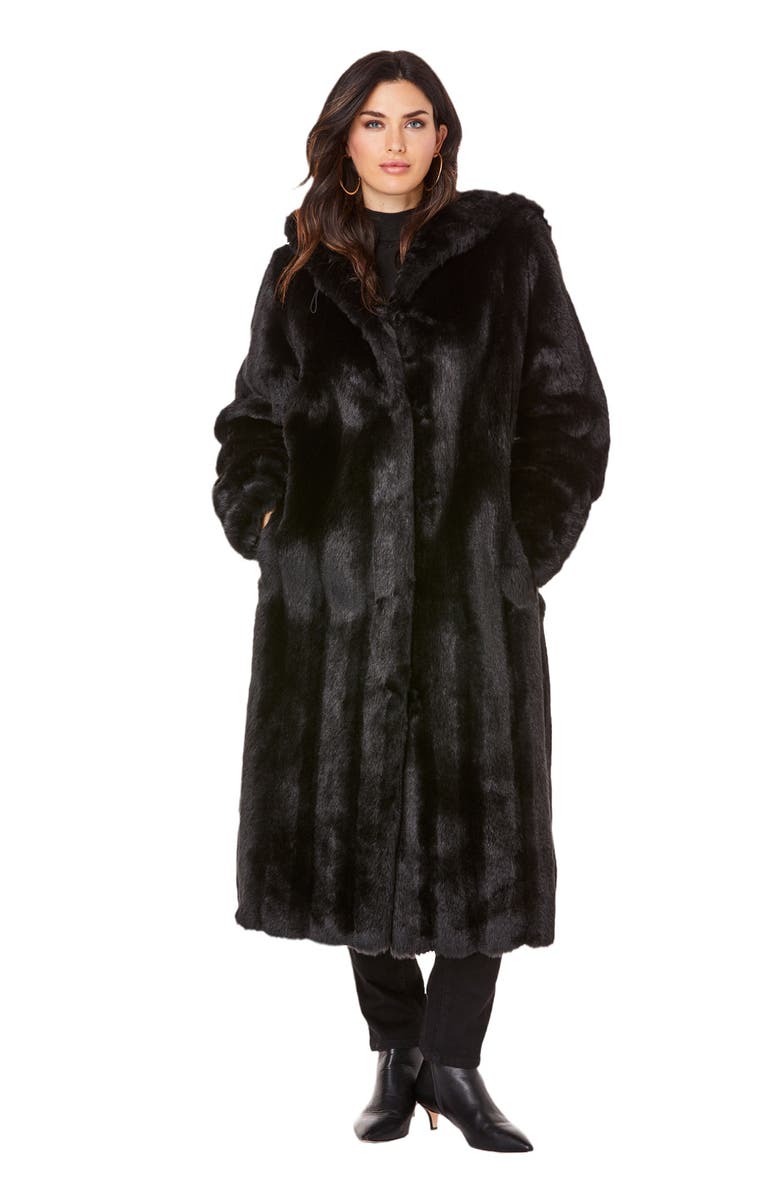 Roaman's Plus Size Hooded Faux Fur Coat, Main, color, Black