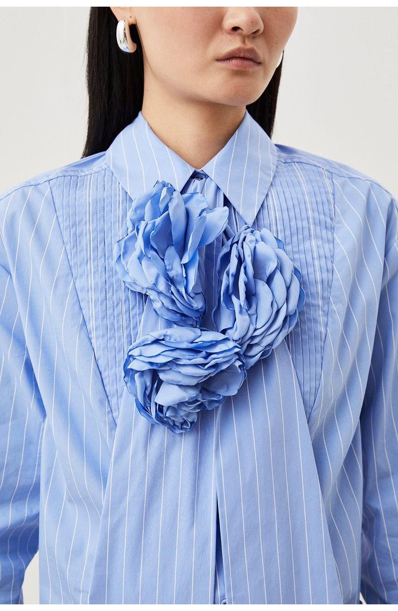 Karen Millen Striped Cotton Tie-Neck Rosette Shirt, Main, color, Blue