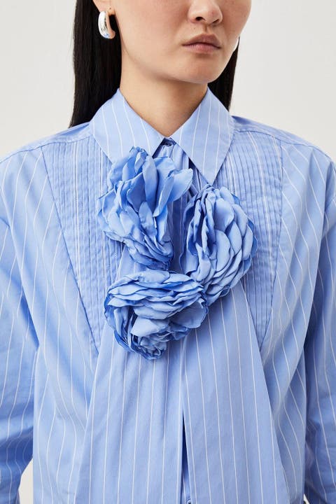Striped Cotton Tie-Neck Rosette Shirt