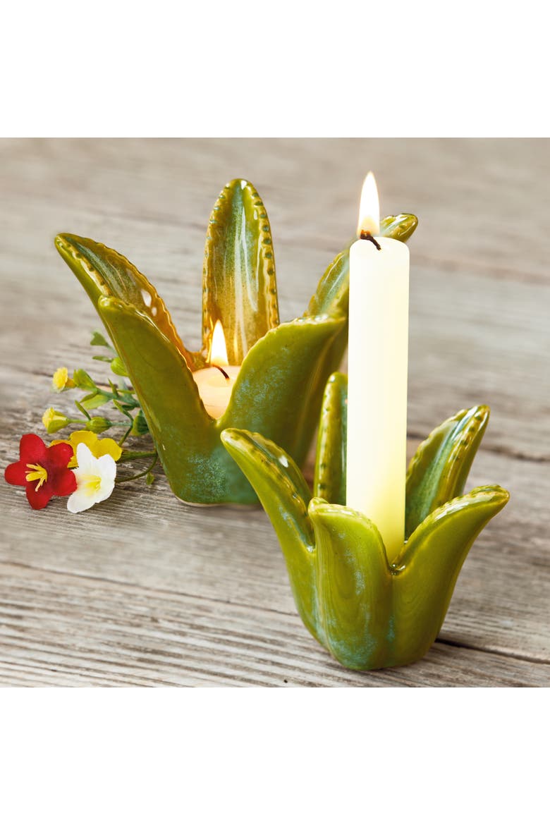Aloe Vera Taper Holder Green Stoneware Spring, Alternate, color, Green