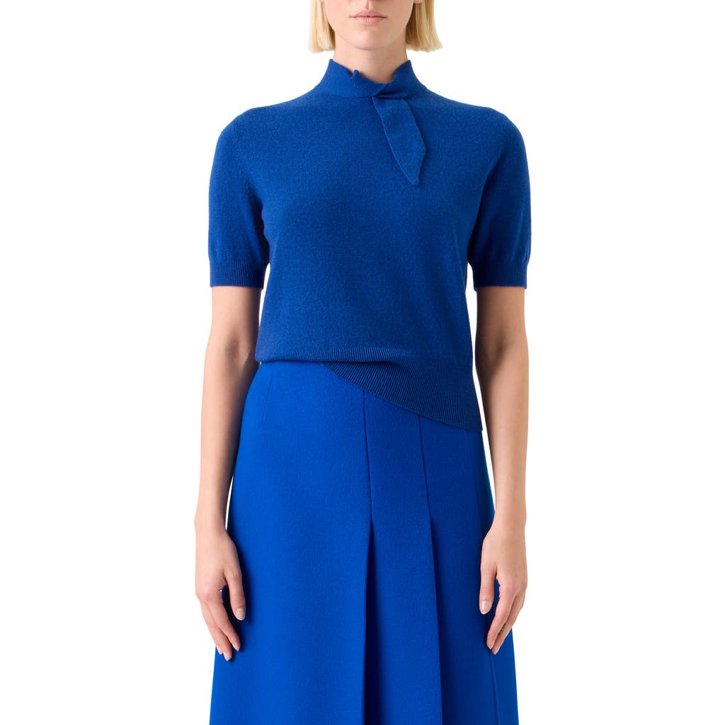 Akris Short Sleeve Cashmere Scarf Neck Sweater In Blue