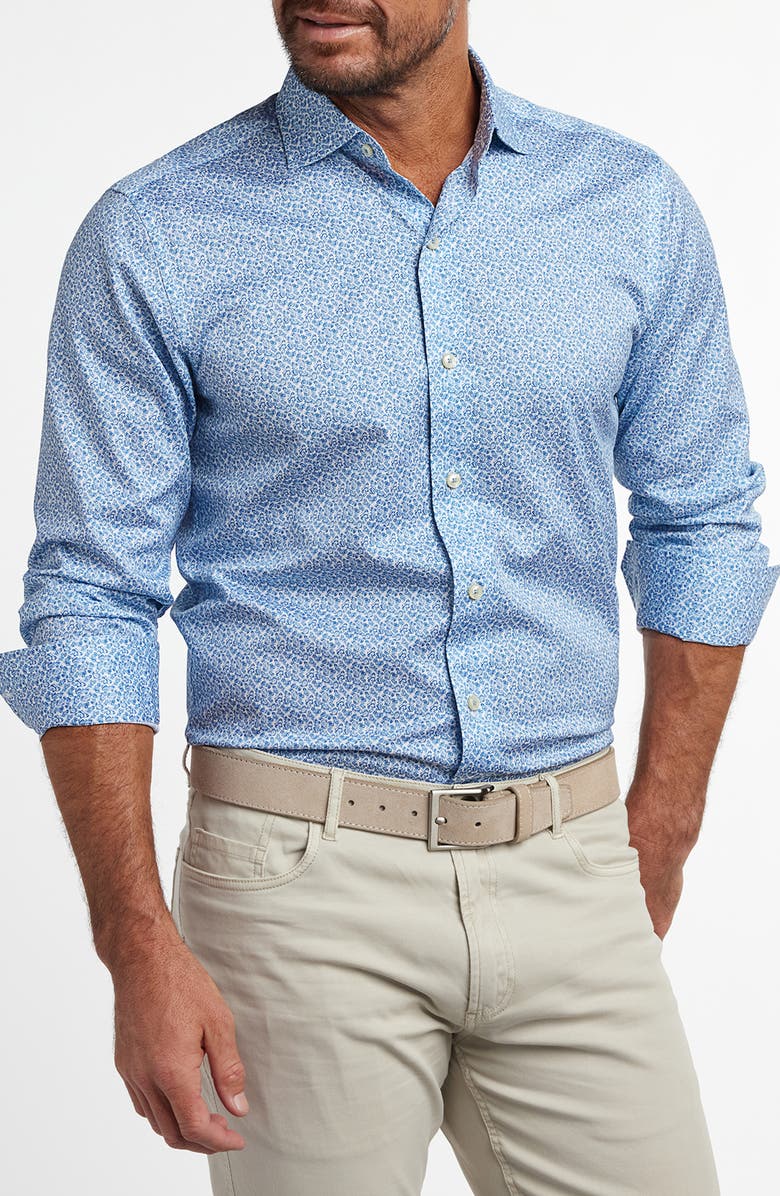 David Donahue Micropaisley Print Cotton Button-Up Shirt, Alternate, color, White/ Blue