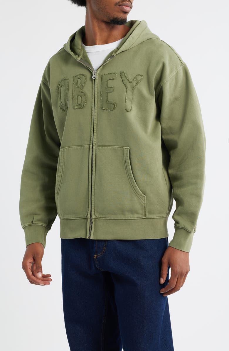 Obey Hybrid Faded Cotton French Terry Zip Hoodie, Alternate, color, Deep Lichen Green Faded Wash
