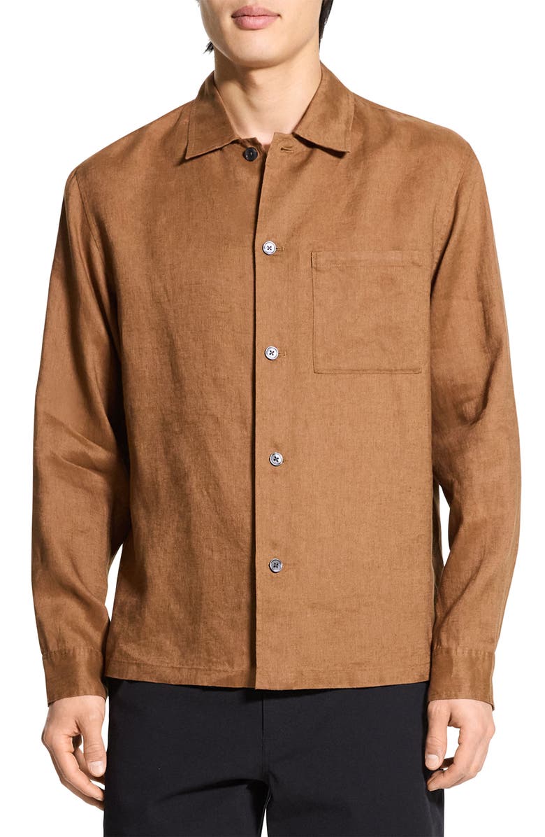 Theory Irving Boxy Linen Button-Up Shirt, Main, color, Deep Tobacco