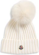 Moncler Wool Rib Beanie with Faux Fur Pompom