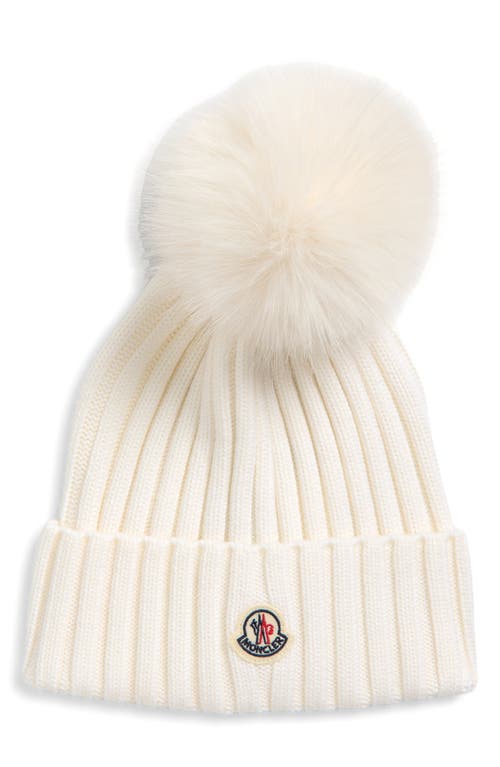 Moncler Wool Rib Beanie With Faux Fur Pompom In White