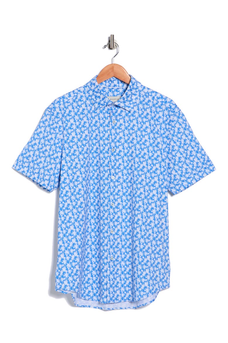 OoohCotton® Palm Tree Print Short Sleeve Button-Up Shirt, Alternate, color, CLASSIC BLUE