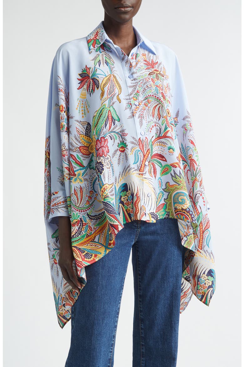 Paisley Print Handkerchief Hem Silk Button-Up Shirt, Main, color, PRINT ON PALE BLUE BASE