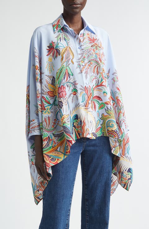 Paisley Print Handkerchief Hem Silk Button-Up Shirt
