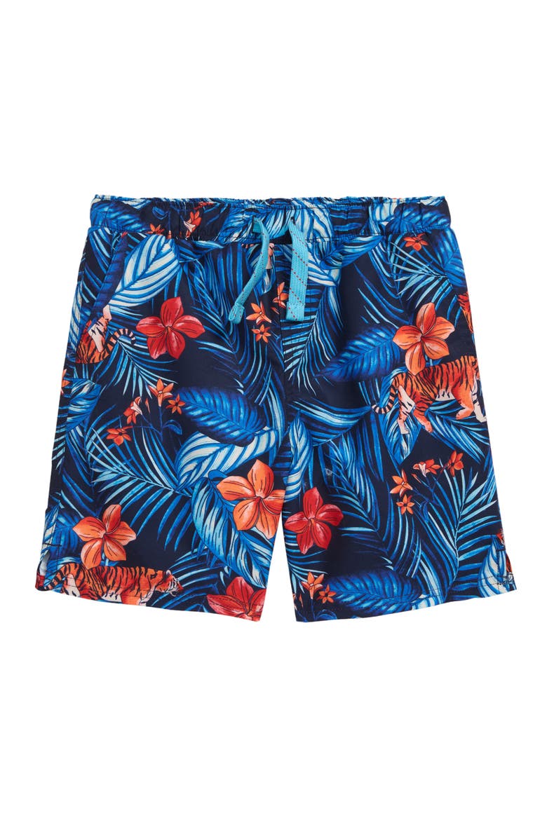 Kids' Printed Tie Waist Swim Trunks, Main, color, NAVY PEACOAT DARK TROPICAL