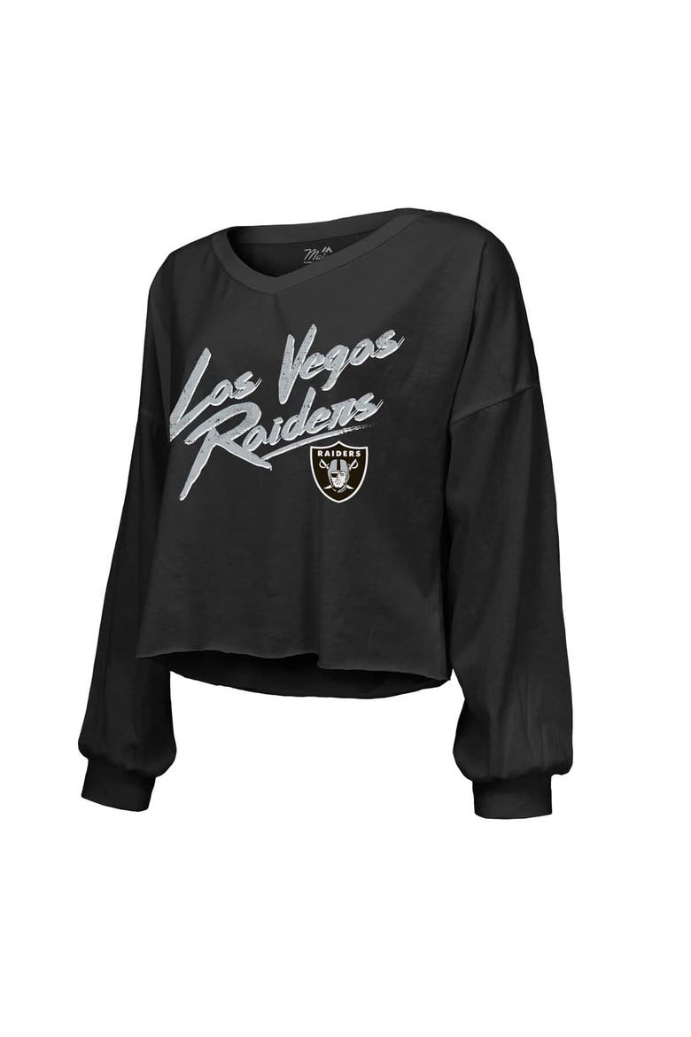Women's Majestic Threads Maxx Crosby Black Las Vegas Raiders Off-Shoulder Script Player Name & Number Cropped Long Sleeve V-Neck T-Shirt, Alternate, color, Black