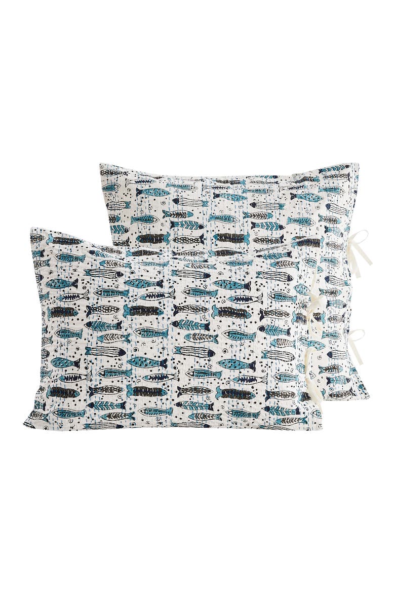 Fish Handstitched Kantha Set of 2 Cotton Shams, Alternate, color, INDIGO