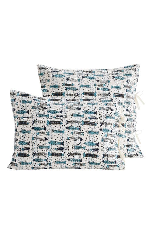 Melange Home Fish Handstitched Kantha Set Of 2 Cotton Shams In Indigo