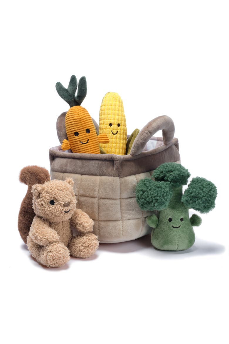 Plush Veggie Basket Play Set with Interactive Stuffed Vegetable Toys, Alternate, color, Grey Multi