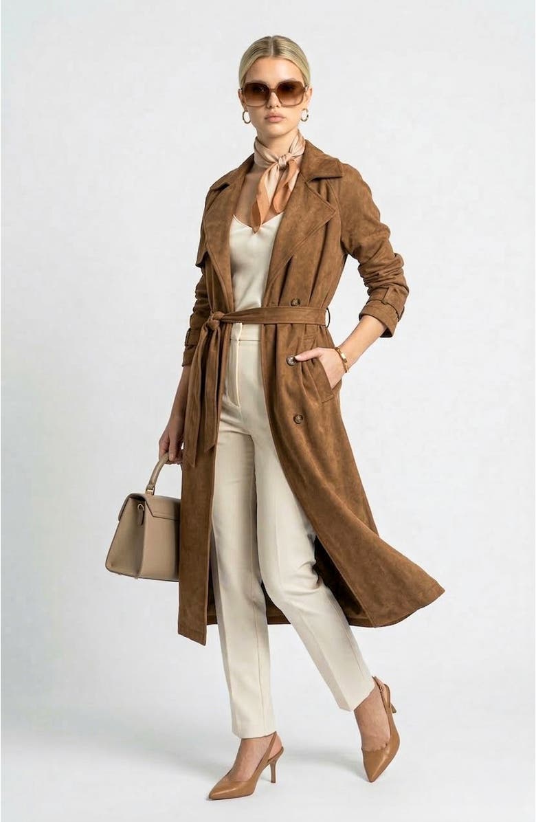 Knit & Lounge Long Sleeve Midi Trench Coat with Belted Waist and Double Breasted Front, Main, color, Brown