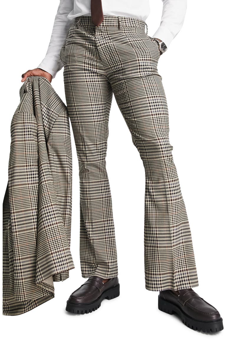 Skinny Fit Check Flare Suit Trousers, Main, color, BROWN