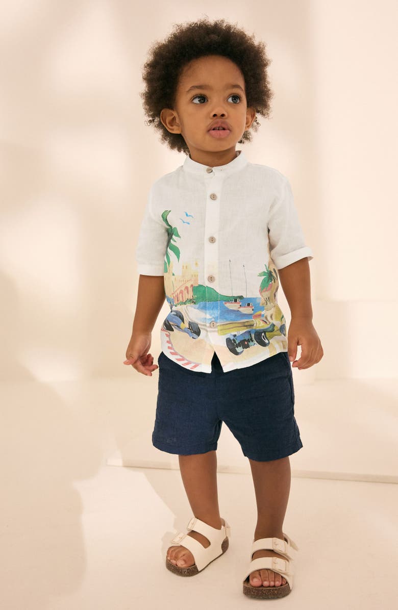 NEXT Kids' Race Track Short Sleeve Linen & Cotton Button-Up Shirt, Alternate, color, Cream