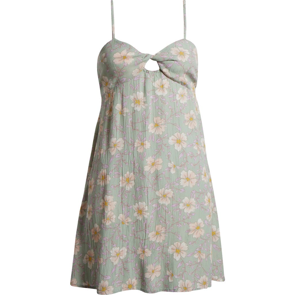 Billabong Last Sunset Floral Print Crinkle Minidress In Pistachio
