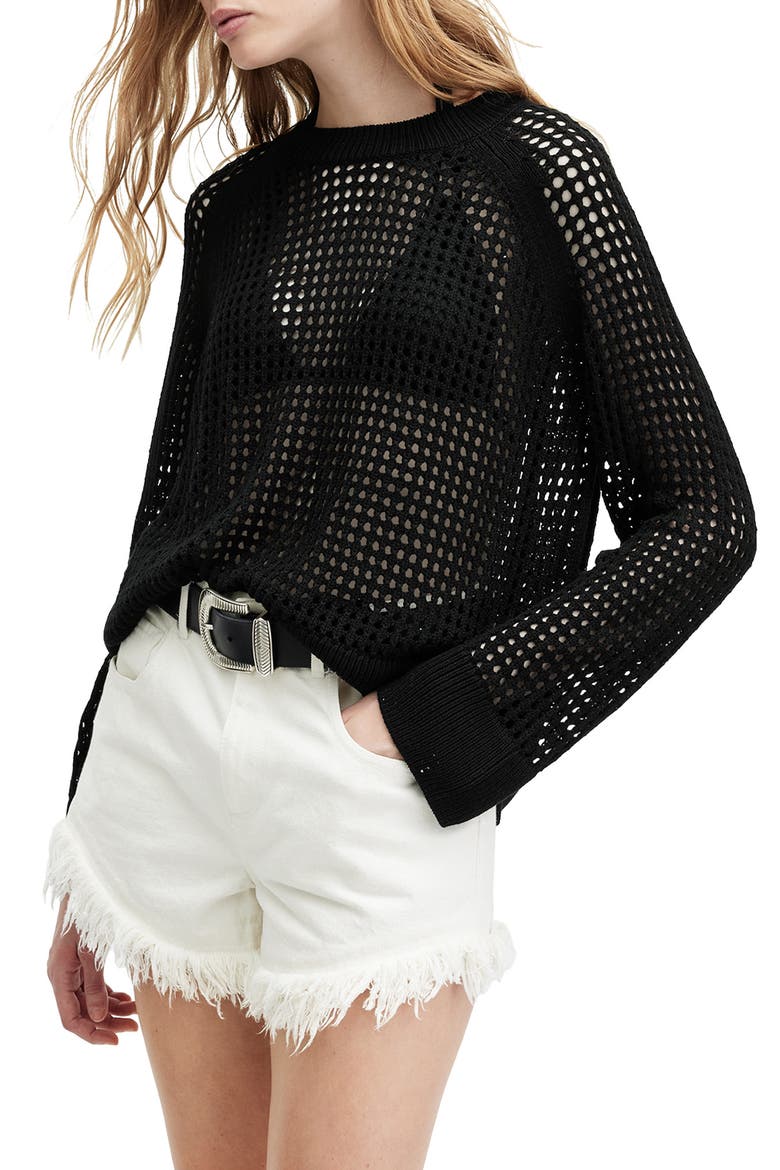 Paloma Open Stitch Crewneck Sweater, Alternate, color, BLACK