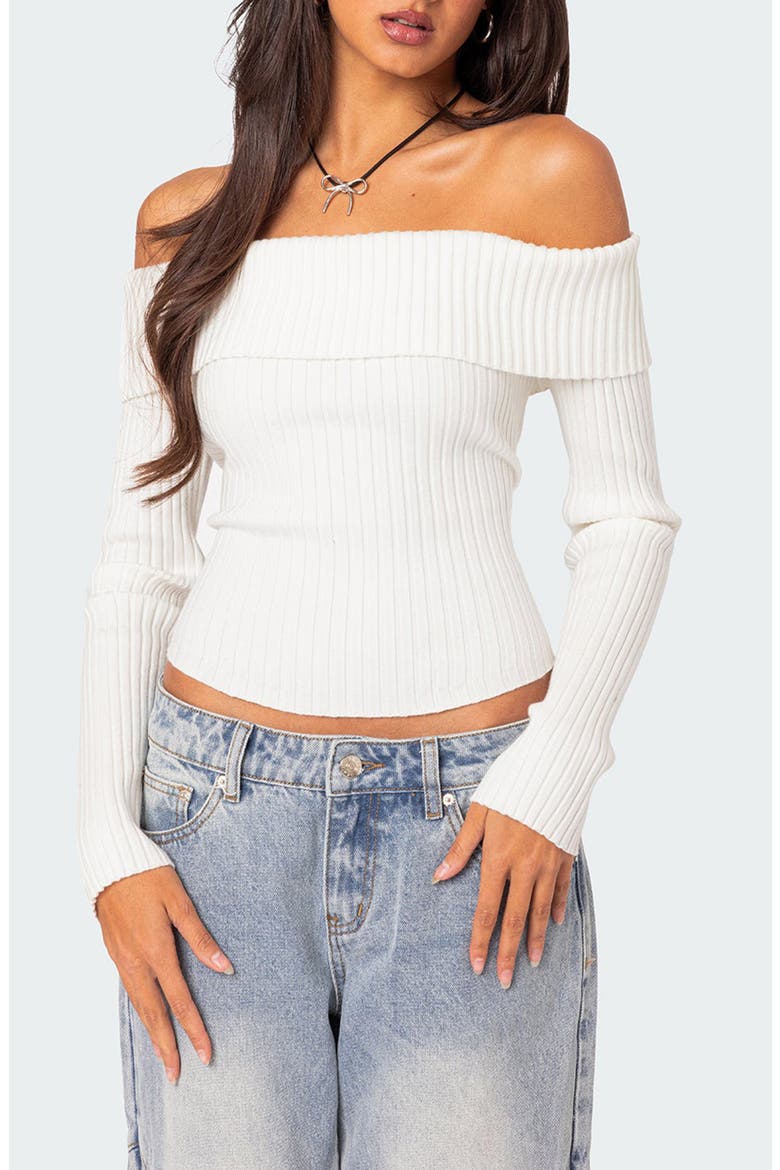 Lauren Foldover Off the Shoulder Rib Sweater, Main, color, WHITE